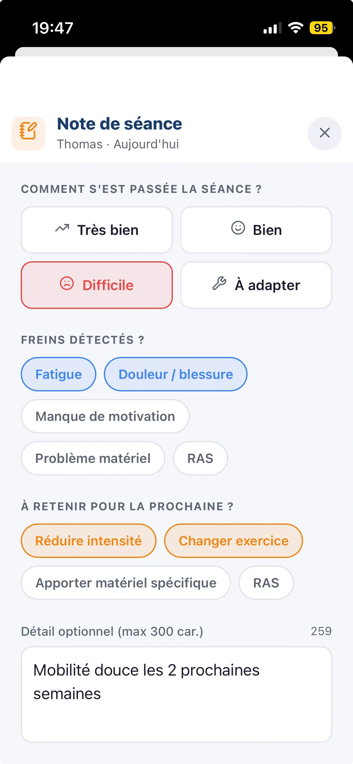 Notes de séance dans la fiche client