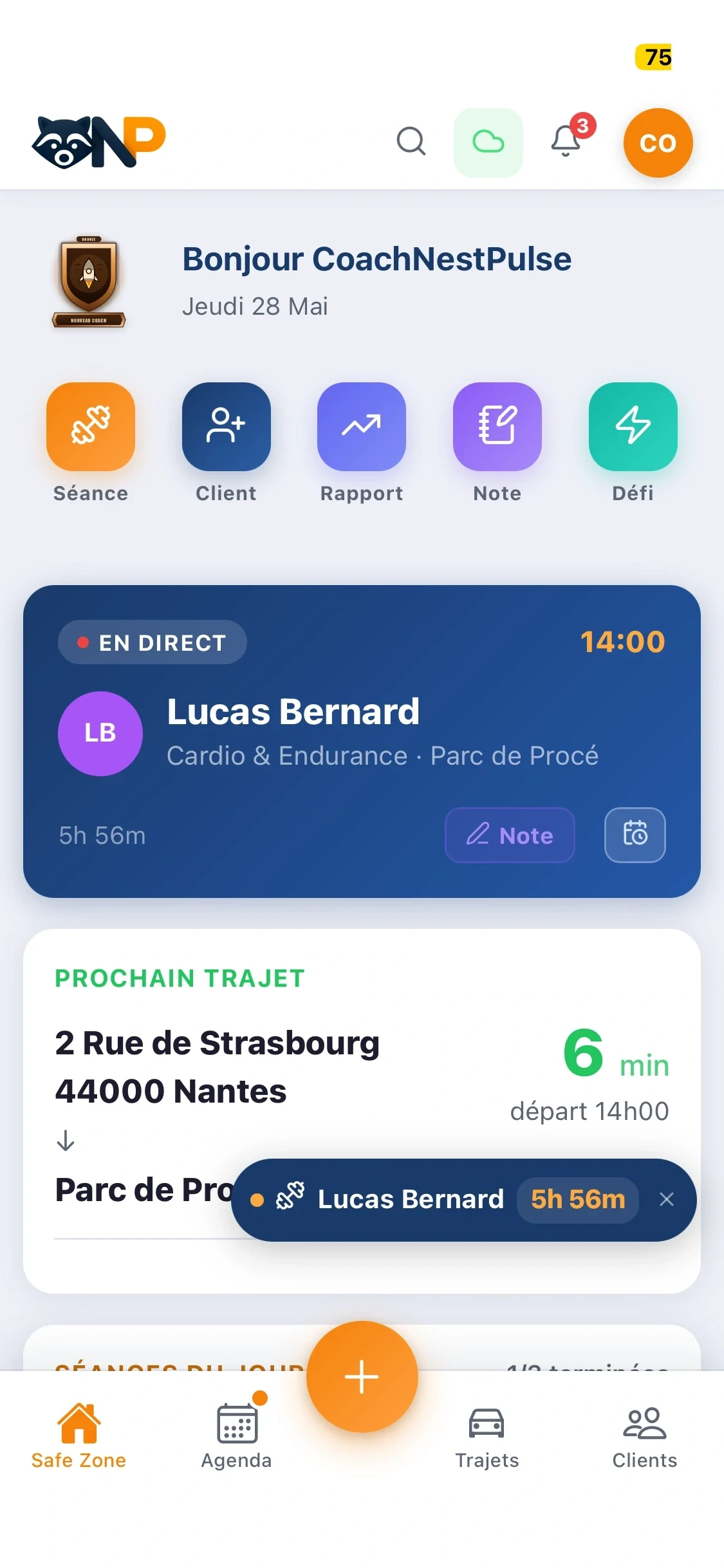 Écran d'accueil de NestPulse : la journée du coach en un coup d'œil